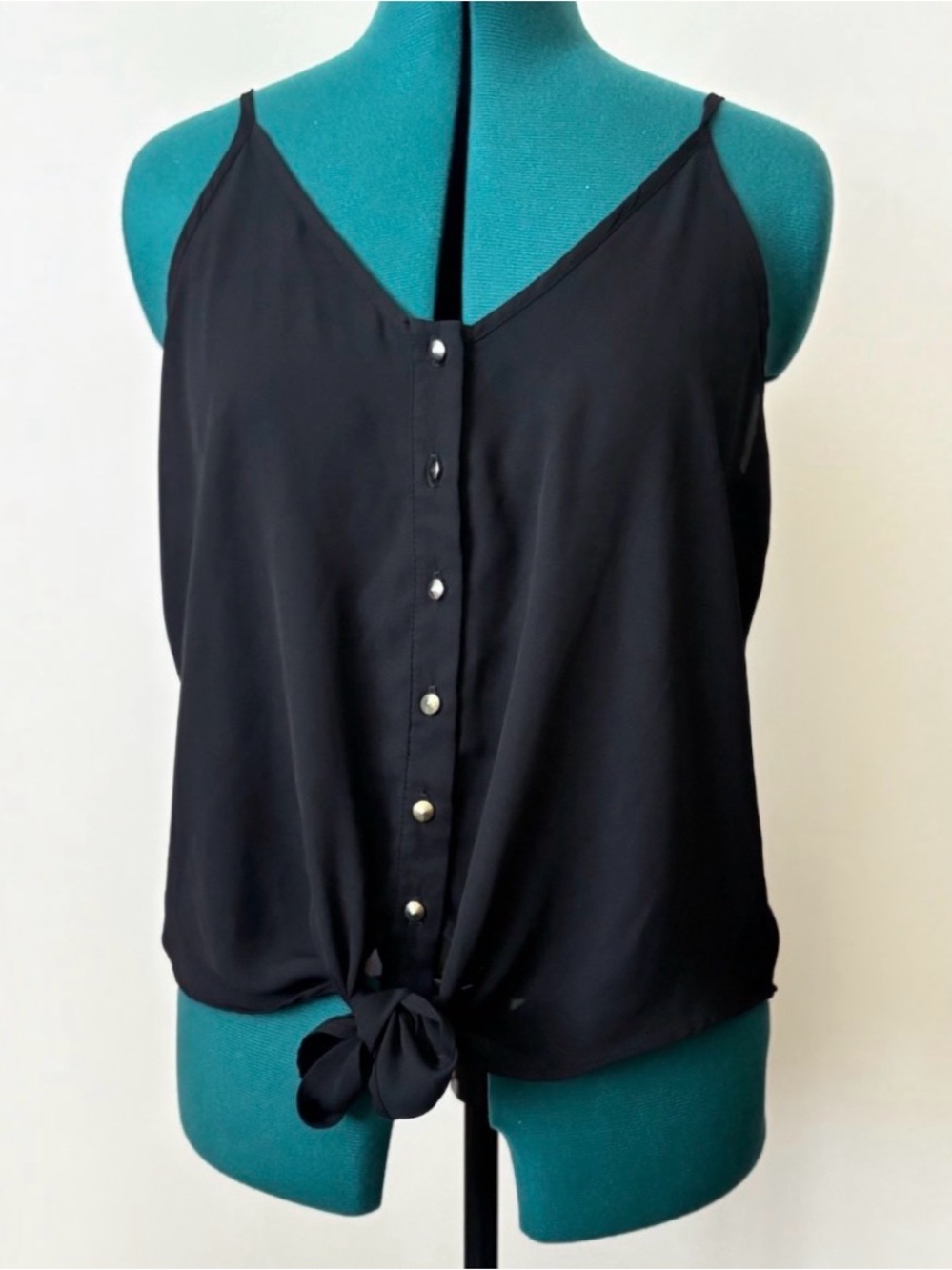 Windsor Black Satin Button Front Tie Hem Cami Tank Top y2k
